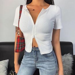 Women's T Shirts Women's T-Shirt 2022 Design Good Quality Factory Price Fashion Selling Sexy Double Zip Cardigan Short Sleeve Top