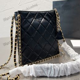 Womens Black Lambskin Shopping Tote Bag Classic Quilted Plaid Hardware Chain Shoulder Crossbody Sacoche French Luxury Designer Fall Winter Street Handbags 20CM