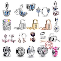 925 Silver Charm bead fit Pandora Charms Bracelet Blue Butterfly Pink Sakura Camellia charmes ciondoli DIY Fine Beads Jewelry