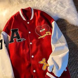 Womens Jackets American retro flocking love embroidered jackets womens street hiphop baseball uniform couple casual allmatch coats 220901