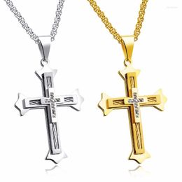Pendant Necklaces Drop Religious CZ Stainless Steel Three Layers Of Titanium Large 33 49mm Cross Mens Necklace Rolo Chain