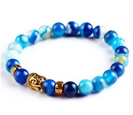 Fashion Strands Natural Stone 8mm Golden Buddha head pink blue silk agate volcanic stone Yoga Bracelet elastic Bangles Women ah24