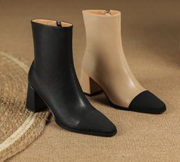 New Autumn Boots Winter Genuine Leather New Autumn and Winter Square Toe Thick Heel Zipper Fashion Boots Mid-heel Color Matching Stretch Boots