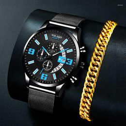 stainless mesh Australia - Wristwatches Reloj Hombre Mens Fashion Calendar Watches Luxury Stainless Steel Mesh Belt Quartz Wristwatch Men Business Casual Bracelet