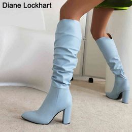 Boots Fashion Blue Women Pleated Knee High Sexy Pointed Toe Square Heels Ladies Long Boot Slip On Female Shoes size 43 dropship 220901