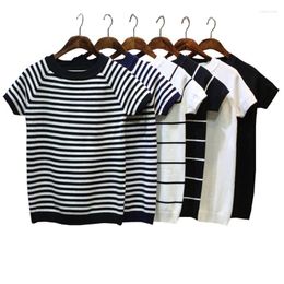 Women's Sweaters Women's 2022 O-Neck Tops Korean Pull Femme Jumper Female White Black Summer Short Sleeve Striped Pullover Women