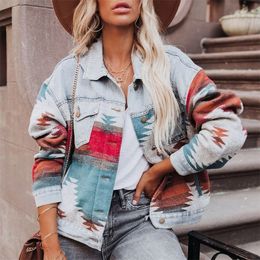 Womens Jackets Retro Denim Jacket Long Sleeved Lapel Loose Denim Stitching Woolen Jacket Female AZTEC Vintage Denim Stitching Coat 220901