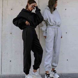 Women's Tracksuits Women Elegant Solid Sets for Women Warm Hoodie Sweatshirts and Long Pant Fashion Two Piece Sets Ladies T220827