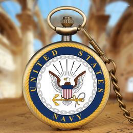 Pocket Watches Eagle Bronze Antique Retro United States Navy Badge Military Man Necklace Pendant Gift Quartz Watch Chain For Men Women