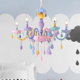 Pendant Lamps Led Colourful Crystal Chandelier Macaron Colour Droplight Children Bedroom Lamp Creative Fantasy Luminaire Stained Glass Lustre