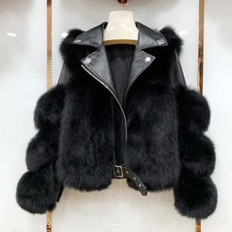 Women's Fur Faux Fashionable warm short fur coat and sheepskin leather full motorcycle jacket luxury women's winter 220901