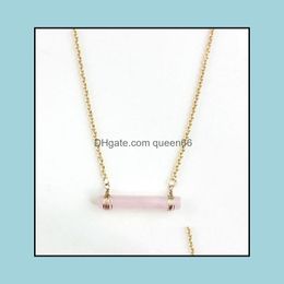 Pendant Necklaces Exquisite Handmade Pink Crystal Stick Bar Necklaces Polishing Metal Druzy Natural Stone Rose Quartz Collar Necklace Dhpxi