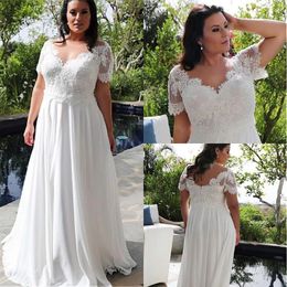 Size 2022 Boho Plus Wedding Dresses Bridal Gown Chiffon Lace Applique Short Sleeves Scalloped A Line Custom Made Vestido De Novia
