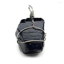 Pendant Necklaces Handmade Wire Wrap Natural Black Tourmaline Raw Stone Crystal Jet Ore Radiation Protection Craft Jewelry