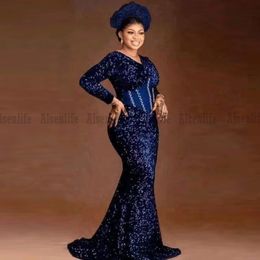 African Formal Evening Dresses 2022 Dark Blue Sequins Mermaid Prom Gowns for Weddings Guest Wear Women vestidos formales