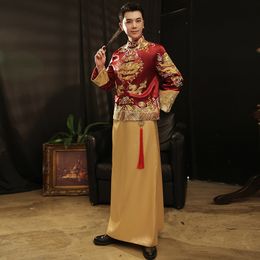 Vintage ethnic clothing men's Tang suit set traditional Chinese Wedding costume Embroidered Dragon gown male Cheongsam