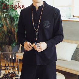 Men s Casual Shirts Zongke Chinese Style Solid Embroidery Black Fashions Streetwear Harajuku Long Sleeve 5XL s 220901