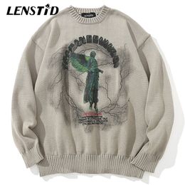 Mens Sweaters LENSTID Men Hip Hop Knitted Jumper Sweaters Angel Lightning Printed Streetwear Harajuku Autumn Oversize Hipster Casual Pullovers 220901