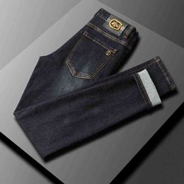and Autumn Winter Stretch Men's Dark Blue Jeans Fashion Brand Small Bee Slim Fit Foot