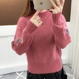 Women's Sweaters Women's Korean Cropped Half Turtleneck Sweater Women 2022 Autumn Winter Puff Sleeve Jumpers Pullovers Embroidery