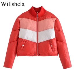 Womens Down Parkas Willshela Women Fashion Patchwork Front Zipper Puffer Jacket Winter Warm Parkas High Neck Long Sleeves Female Chic Tops Outfits 220902