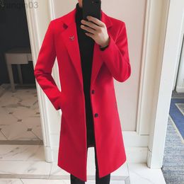 Men's Suits Blazers Autumn Winter British Tweed Jacket Long Windbreaker Wool Trenchcoat Thick Warm Red L220902