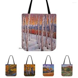 Storage Bags Nordic Art Birch Forest Oil Painting Style Shoulder Bag Colourful Woods Landscape Shopper Tote Cotton Linen Funky Casual