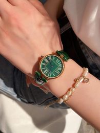 Brand Luxury Genuine Leather Quartz Wrist watch Vintage Geometric Roman Numerals Watches Green Mother Of Pearl Dial Female Stainless Steel Clock