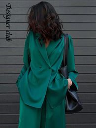 Women's Two Piece Pants Fashion Satin Long Sleeve Blazer Suits Women Elegant Turn Down Collar Sets Office Ladies Green Outfits Autumn 220902