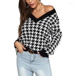 Women's Sweaters Women's Hirigin Fashion Women Color Block Sweater Adults Houndstooth Pattern Long Sleeve V-neck Knitwear Warm Pullover