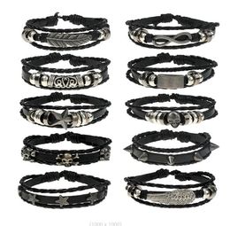 Men woman cowhide Bracelet DIY Beaded Strands Skull rivet five pointed star Hip hop Combination suit Bracelet 10styles/1set