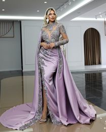 Classic Split Mermaid Evening Dresses 2023 Arabic African High Neck Long Sleeve Women Dress Beading Crystal Formal Prom Gowns