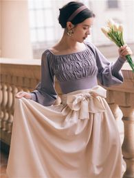 Work Dresses SWEETXUE 2 Piece Outfits 2022 Autumn Women Purple Sexy Square Neck Lantern Sleeve Knitted Sweater High Waist Bow Long Skirt Set