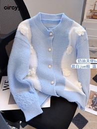 Circyy Cardigan Women Sweater O-Neck Patchwork Knitted Coat Blue Single Breasted Floral Korean Chic Spring Autumn 2022 Clothes