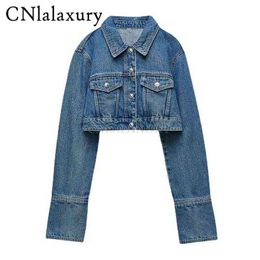 Women's Down Parkas CNlalaxury Casual Washed Blue Women Denim Jacket Spring Autumn Long Sleeve Loose Cropped Jeans Coat Female Street Outwear T220902