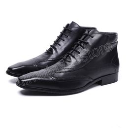 British Style Genuine Leather Boots Men Square Toe Business Ankle Boots Male Wedding Party Lace Up Dress Shoes