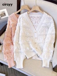 Circyy Cropped Cardigan Women Sweater White Lace Hollow Out Tops Korean Fashion V-Neck Knitted Clothes Pink Spring Autumn Chic