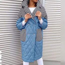 Womens Down Parkas Turn Down Collar Parkas Women Fashion Patchwork Houndstooth Coats Women Elegant Loose Long Cotton Female Ladies JP 220902