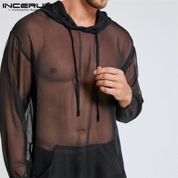 Men's T-Shirts INCERUN Fashion Men Mesh T Shirt Hooded See Through Long Sleeve Casual Tops Sexy Streetwear Loose Nightclub Party Mens T-shirts 220902