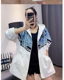 Women's Jackets Women's Spring Autumn Women Jacket Coat White Drawstring Stitching Hooded Mid-Length Denim Clothings Manteau Femme