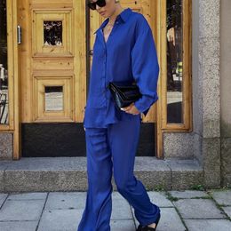 Womens Two Piece Pants Bclout Blue Long Sleeve Blouse Satin Suit Female Elegant Satin Long Trousers And Shirts Elastic Waist Pants Women 2 Pieces Sets 220902