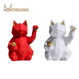 Decorative Figurines NORTHEUINS Resin Geometry Lucky Cat Figurines Nordic Animal Statue for Home Interior Modern Minimalist Decor Bed Room Decoration