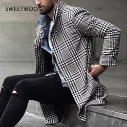 Men's Suits Blazers Korean Men Wool Jacket Winter Jacket Men Overcoat Warm Clothes Wool Runout Long Black White Plaid Blends Man Jacket 3XL L220902