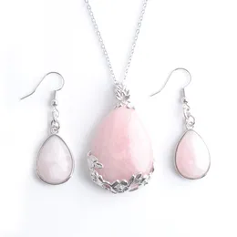 Natural Stone Earrings Chain Necklace Teardrop Rose Quartzs Dangle Pendant Jewellery Set For Women Girl As Gift Q3077