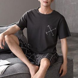 Men's Sleepwear L-4XL 6Colors Lattice Letter Print Men Top Pants Nightwear Set Soft Casual Little Elastic Short Sleeve T Shirt Shorts Pyjama