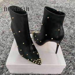 Boots 2020 Fashion Women 10cm High Heels Rivets Ankle Plus Size 42 Thin Winter Stiletto PU Leather Black Shoes 220901