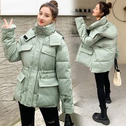 Womens Down Parkas Large size tooling winter thick padded jacket bread coat cotton coat womens short Korean style drawstring loose hooded cotton 220902