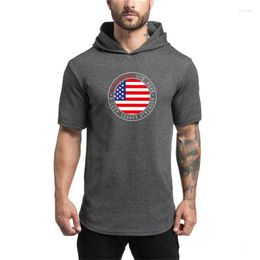 Men's T Shirts Brand Men Clothes USA Flag Design Short Sleeve Slim Fit Shirt Cotton T-Shirt With Hoodies Fitness Gyms Hooded Male