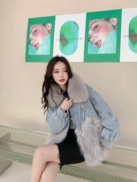 Women's Fur 2022 Winter Fashion Denim Stitching Coat Women Real Oversized Thick Warm Woman Parkas Jacket