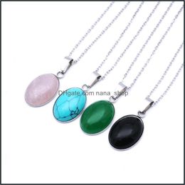Pendant Necklaces Fashion Oval Stone Pendant Style Pink Green Black Crystal Stainless Steel Necklace For Women Jewelry D Dhseller2010 Dhy1S